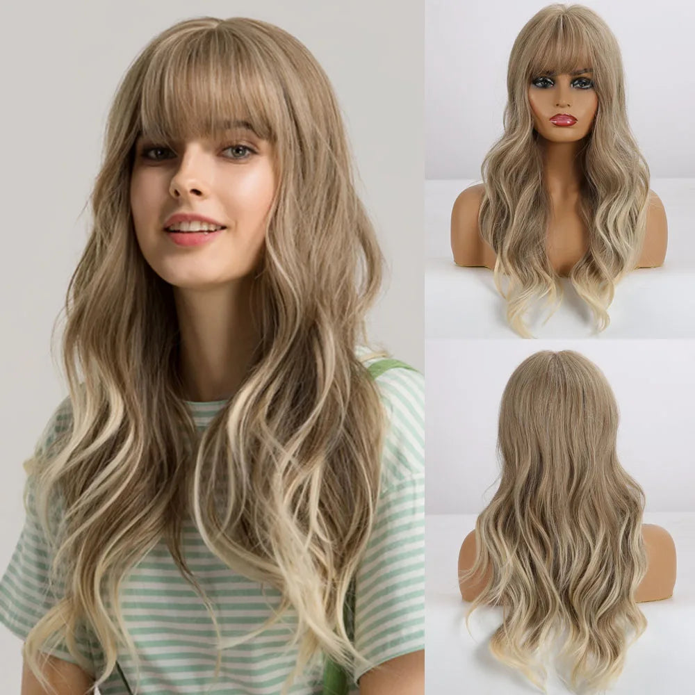Short Bob Synthetic Wig Ombre Brown Wavy Hair Wigs With Bangs for Black Women Medium Cosplay Daily Natural Hair Heat Resistant
