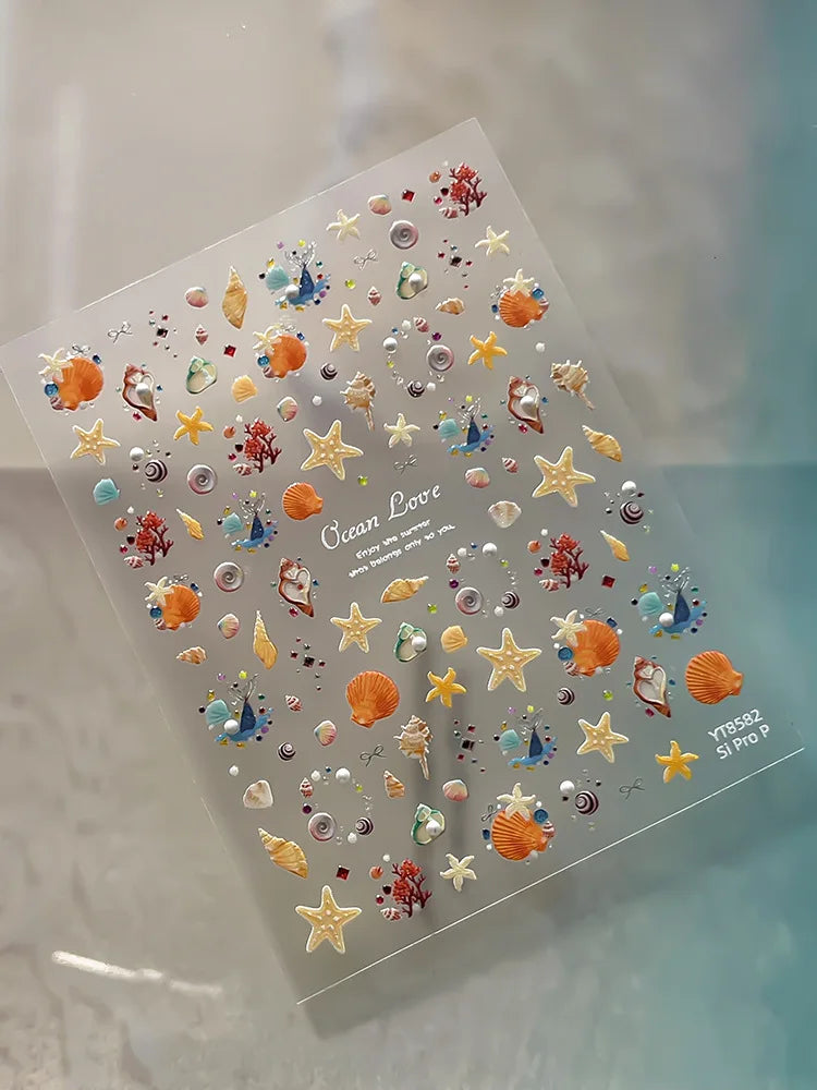 Silver Foil Ocean Nail Stickers 5D Embossed Starfish Shell Nail Art Decals Metallic Marine Manicure Decoration Summer DIY
