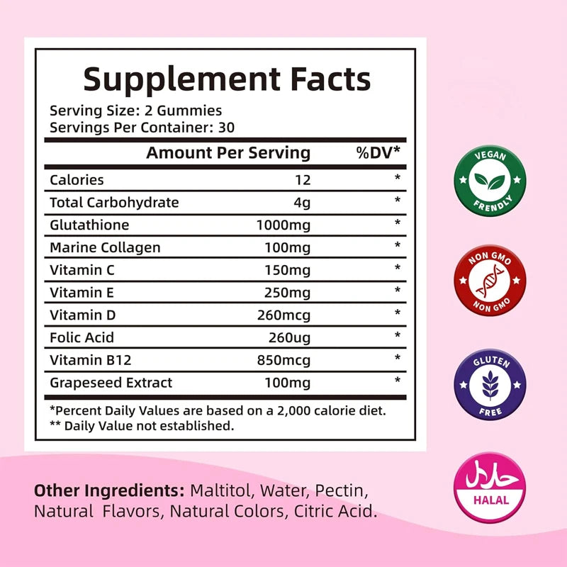 Glutathione supplement collagen gummies: containing marine collagen vitamins C, E, D, used for anti-aging and bone strengthening