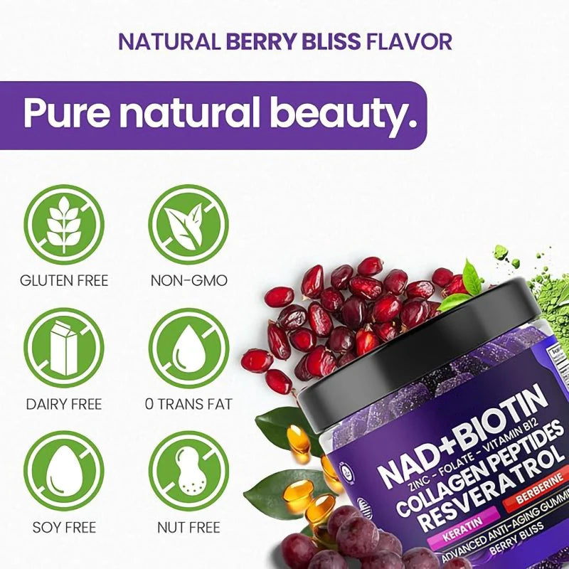 NAD+ Biotin Gummies with Vitamin D3 K2 Zinc Keratin Skin Care Anti Aging Whitening Skin Nail and Hair Care Supplement
