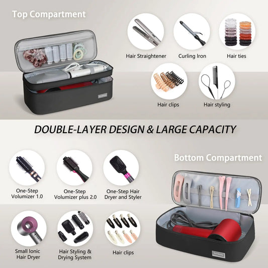 Hair Dryer Case Portable Hairdressing Tools Storage Bag Double Layer Travel Curling Iron Clip Brush Organizer Box, Carrying Cas