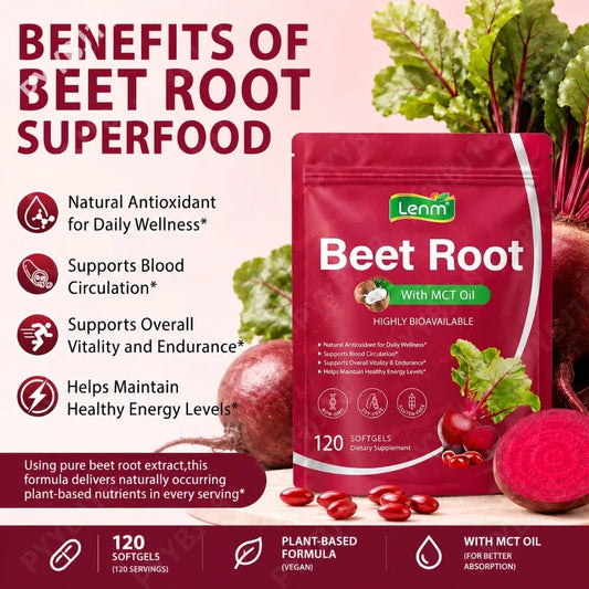 Lenm Beet Root Softgels Natural Antioxidant Supplement for Blood Circulation Vitality & Endurance Support with MCT Oil 120 Count