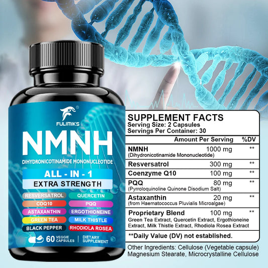 NMNH Supplement Capsules, NAD+ Booster, All-In-1, lmmune System, Energy, 60 Pills - Suitable for Men & Women - Daily Supplement