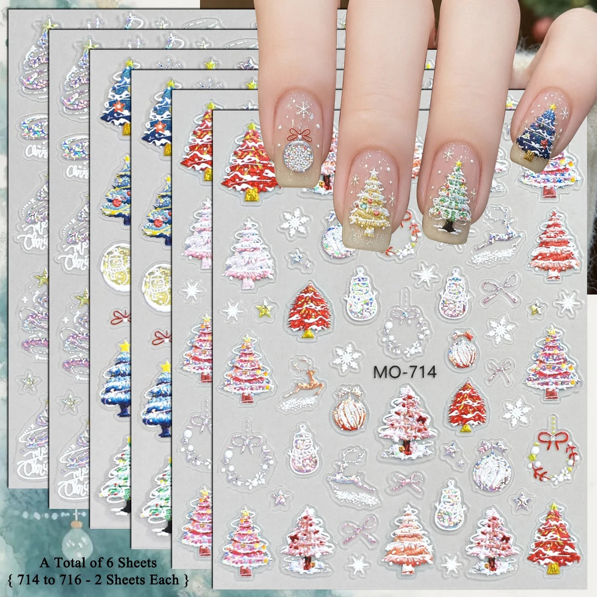 3 to 12 Sheets 5D Holographic Christmas Tree Snowflake Ornament Wreath Reindeer Glitter Self-Adhesive Nail Art Stickers