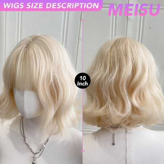 MEISU 12 Inch Short BOBO Wig Golden Synthetic Curly Wave Layered Wigs Fiber Heat-resistant Party or Cosplay Selfie For Women