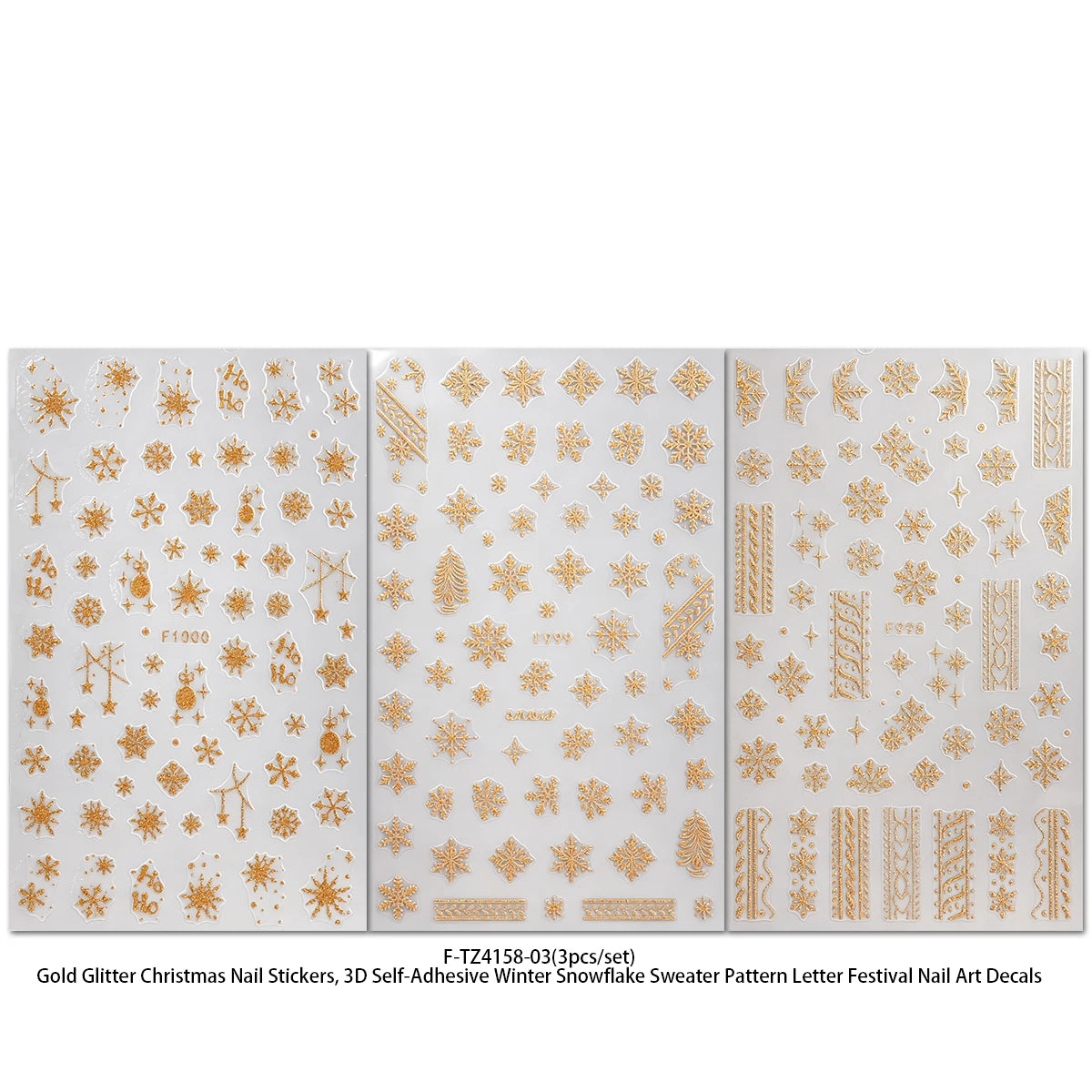 3Pcs 3D Glitter Gold Christmas Nail Stickers, Snowflake Sweater Pattern Letter Decals, Winter Holiday Gift Party Nail Supplies