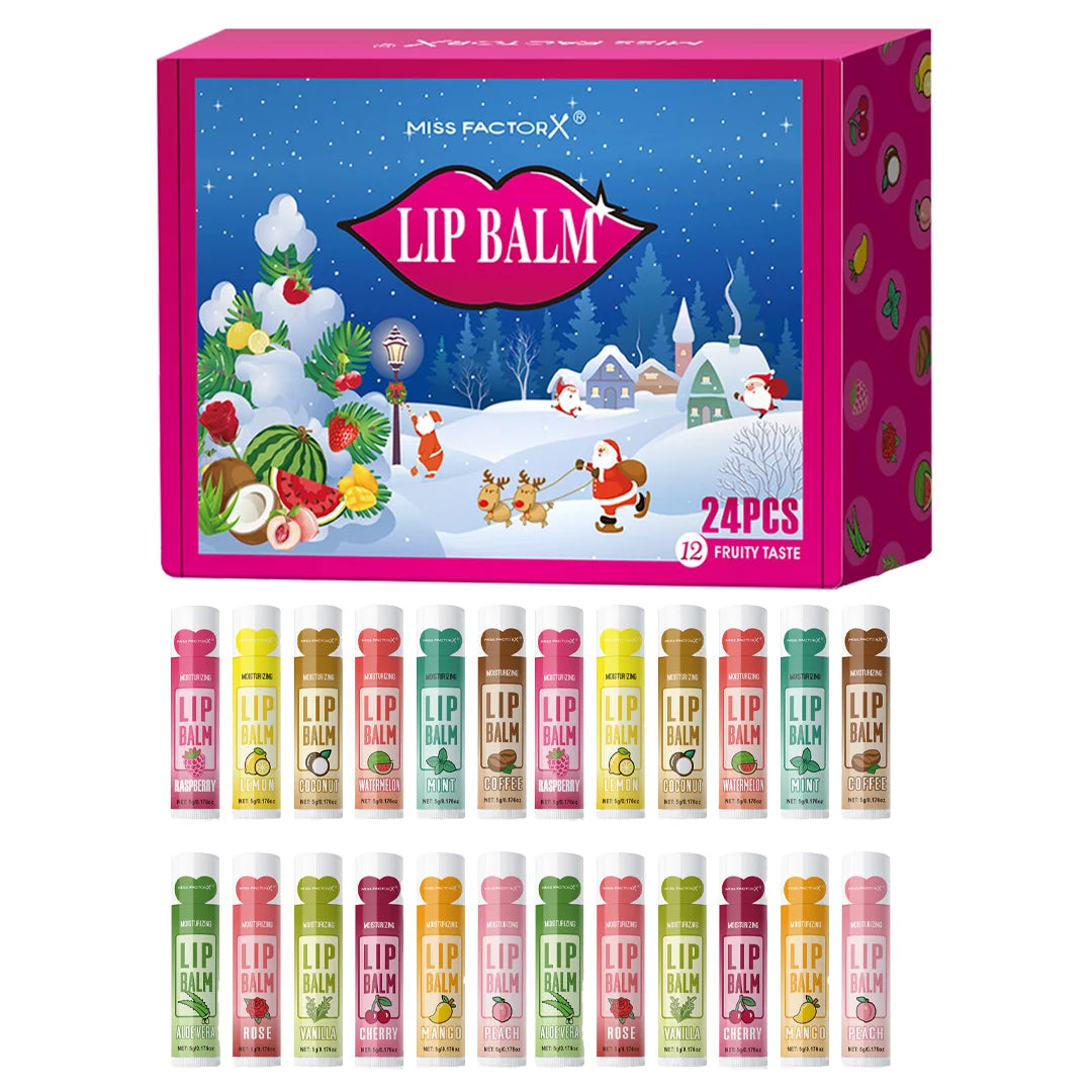 24PCS/ Box 12 Kinds of Flower and Fruit Lip Balm Set Gift Natural Fragrance Moisturizing Exfoliating and Brightening Lip Color
