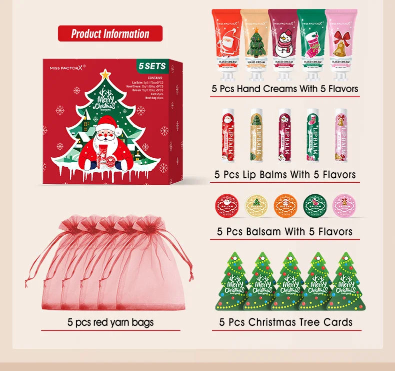 Christmas assembly gift set -5 sets, including balm, hand cream, lipstick, red gauze bag, Christmas tree thank you card