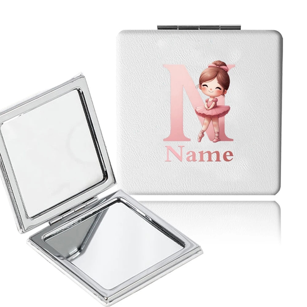 Customized Name PU Handheld Makeup Mirror Cover Dressing Double-Sided Portable Foldable Pocket Cosmetic Mirror