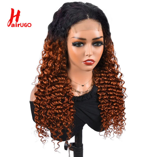 T1B/Orange Deep Wave Lace Closure Wig For Women Ombre Orange Lace Closure Human Hair Wigs With Baby Hair Remy Preplucked HairUGo