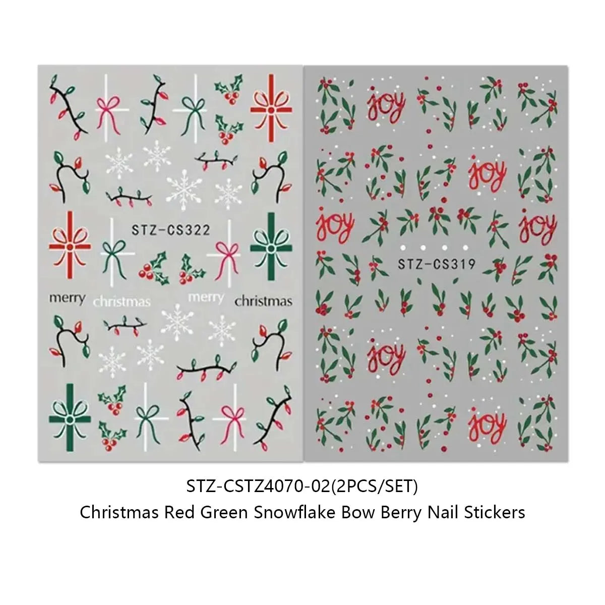 2PCS 3D Red Green Christmas Nail Stickers Holiday Snowflake Bow Berry Decals Winter Holiday Party Nail Art Supplies
