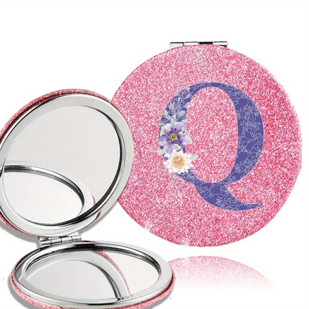 Women Folding Makeup Mirror Facial Beauty Makeup Care Tool Durable PU Surface Waterproof Ideal Party Gift Pink Flower Pattern