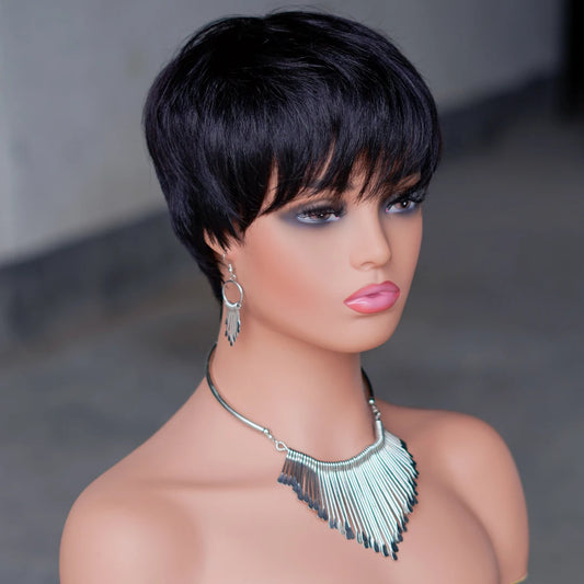 Short Pixie Cut Human Hair Wig for Women Natural Black Brazilian Hair Wig Machine Made Wigs with Bangs Cheap Layered Cut Wigs