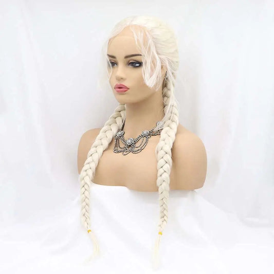Sylvia Wigs60#Color Platinum Blonde Double Braid Synthetic Blonde Lace Front Braid Wigs Hair Heat Resistant Fiber Braid