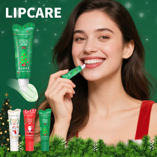3-piece Christmas card lipstick set -3 flavors (coconut, raspberry, aloe) lasting moisturizing and luster, portable belt