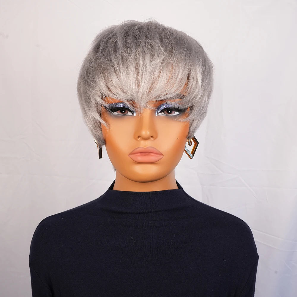 Short Gray Human Hair Wigs for Women with Bangs Layered Pixie Cut Wig Straight Hair with Machine Made Wig Bazilian Remy Hair