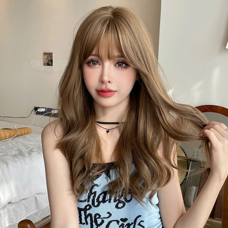 NAMM Costume Wig Synthetic Body Wavy Cool Silvery Wig For Women Daily Use High Density Layered Hair Wigs With Fluffy Bangs