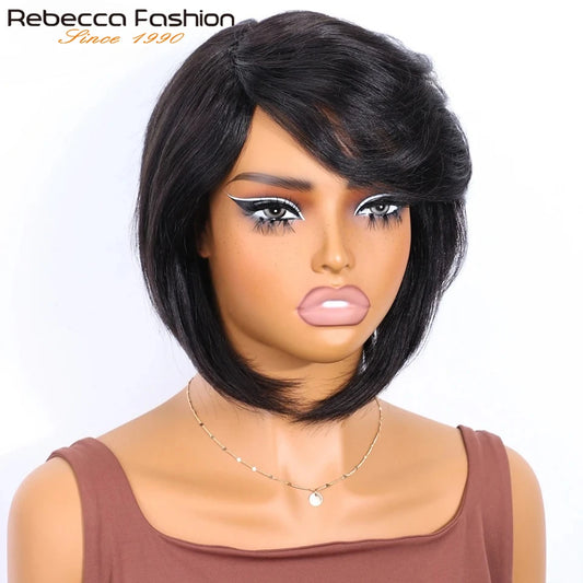 Rebecca Brazilian Short Straight Bob Human Hair Wigs With Bangs Full Machine Made Side Part Bob Human Hair Wigs For Black Women