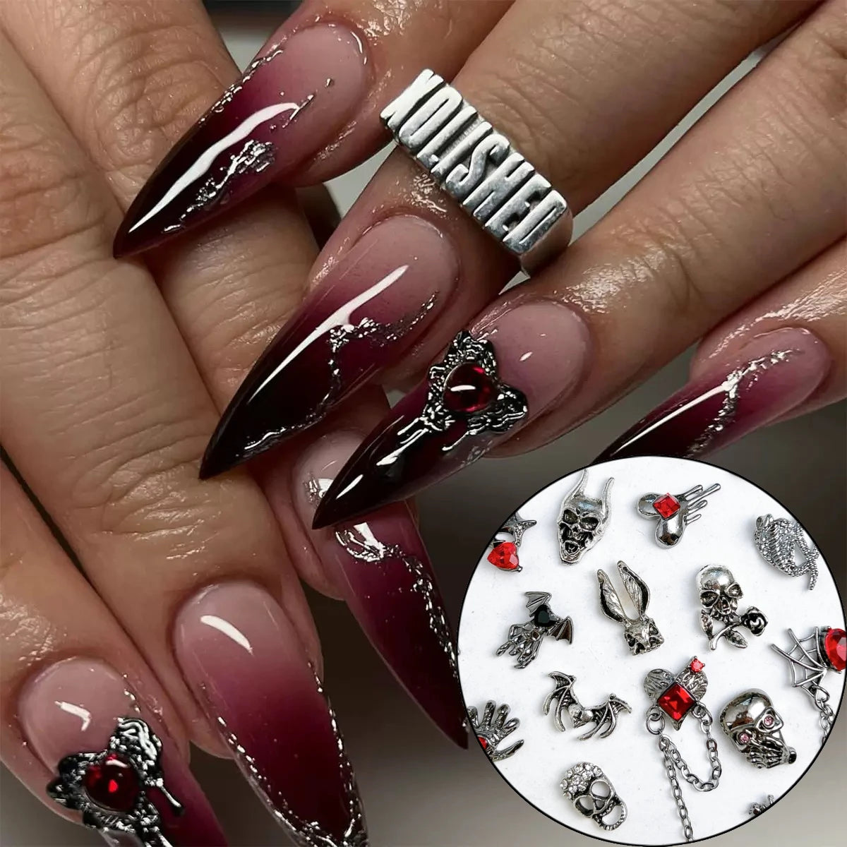 10PCS Exquisite Creative Moon Heart Skull Nail Charms 3D Cool Alloy Chain Spider Web Nail Art Decorations DIY Halloween Nails