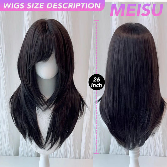MEISU 26 Inch Synthetic Straight Wigs Side Swept Bangs Hair Black Tea Heat-Resistant Natural And Smoot Daily Wear For Women