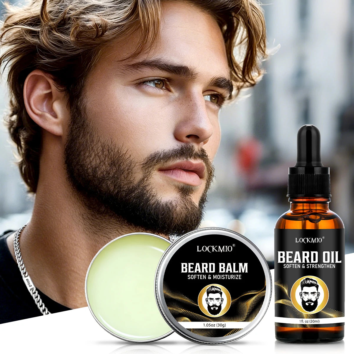 LOCKMIO Beard Growth Oil & Balm Whiskers Moisturizing and Nourishing Conditioner Moustache Styling Care Products & Brush for Men
