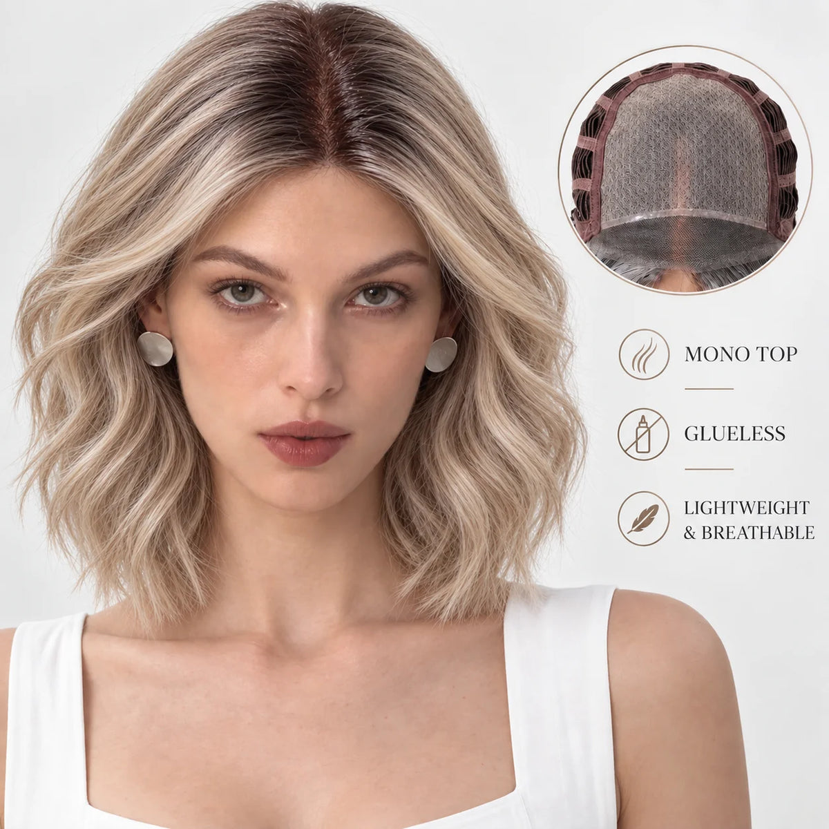 MONO Glueless Bob Wig for Women Ash Brown Highlight Synthetic Hair Middle Part Natural Scalp Lightweight Breathable