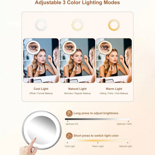 10X Magnifying Vanity Mirror with Light, Flexible Gooseneck Makeup Mirror, Battery Operated with Suction Cups & 3 Lighting Modes