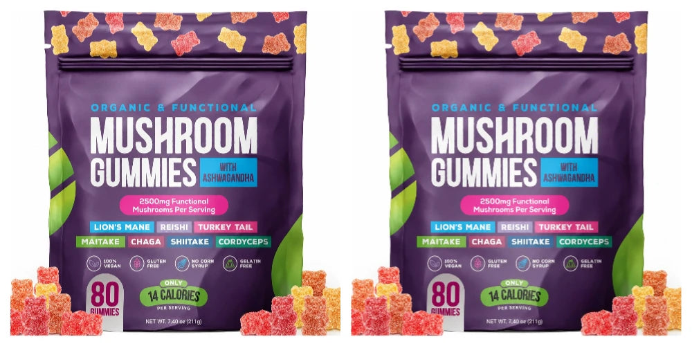 Mushroom Gummies with Ashwagandha Lion's Mane Reishi and Cordyceps, Vegan Gelatin Free Mixed Fruit Supplement