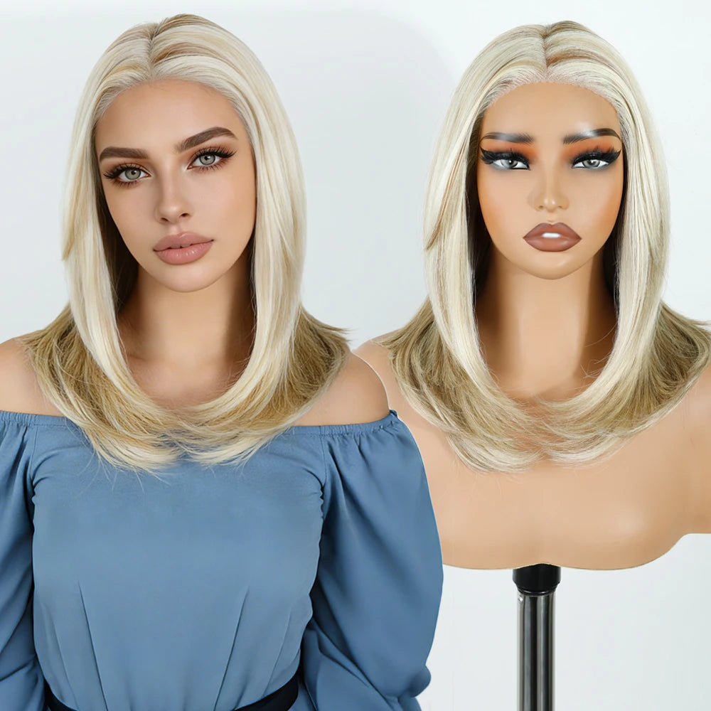 FASHION IDOL 16 Inch 13x3 Lace Front Wigs Synthetic Straight Hair Layered Ombre Brown Free Part Pre-Plucked Bob Wigs for Women