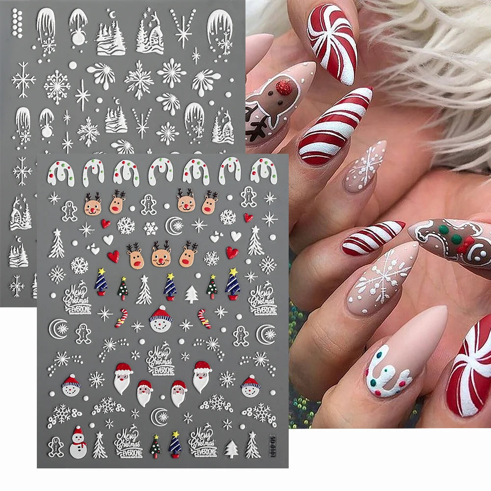 2pcs 5D Christmas Nail Stickers Waterfall Snowflakes Santa Claus Elk Gingerbread Nail Decals Embossed Winter Xmas Manicure Set