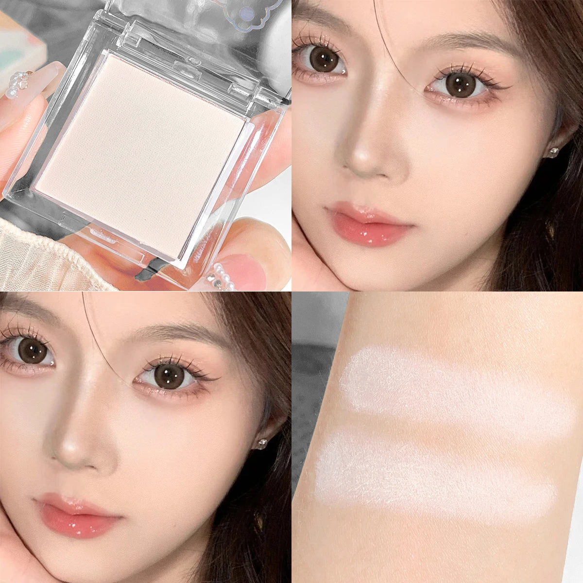 Matte highlighter glitter eye shadow contour palette with pearlescent, luminous, and finely textured shimmer