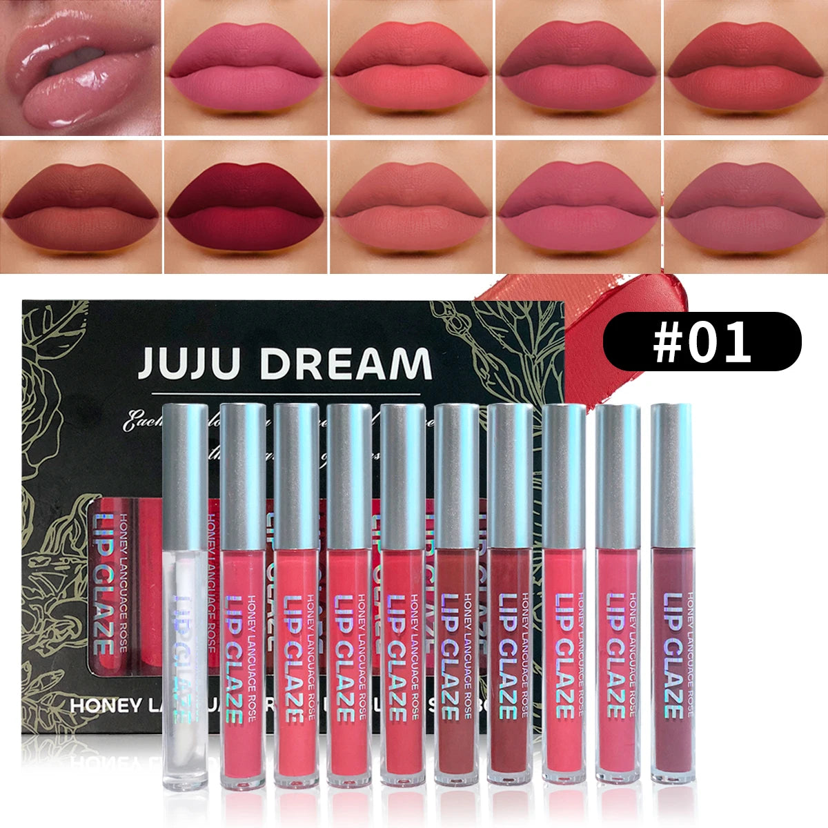 JUJU DREAM 10 pcs Honey Rose Lip Glaze Set Long-lasting Matte Velvet Lipstick Waterproof Lip Gloss Set Moisturizing Lip Gloss