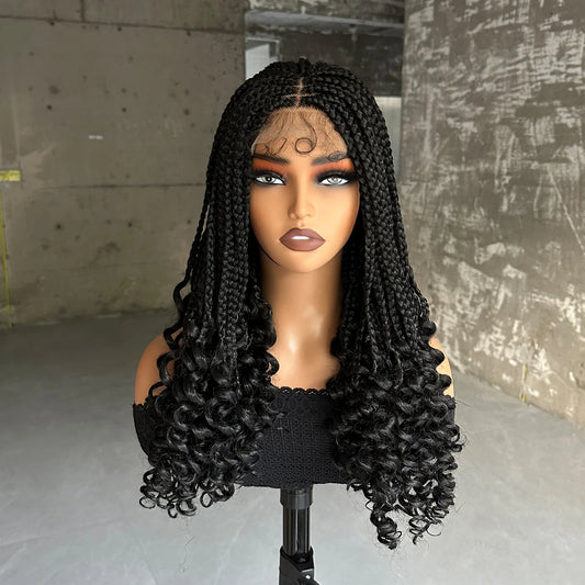 Synthetic Braided Wigs Lace Closure Wigs Curly Ends Box Braided 4x4 Lace Wig with Baby Hair for Black Women Afro Braiding Wigs