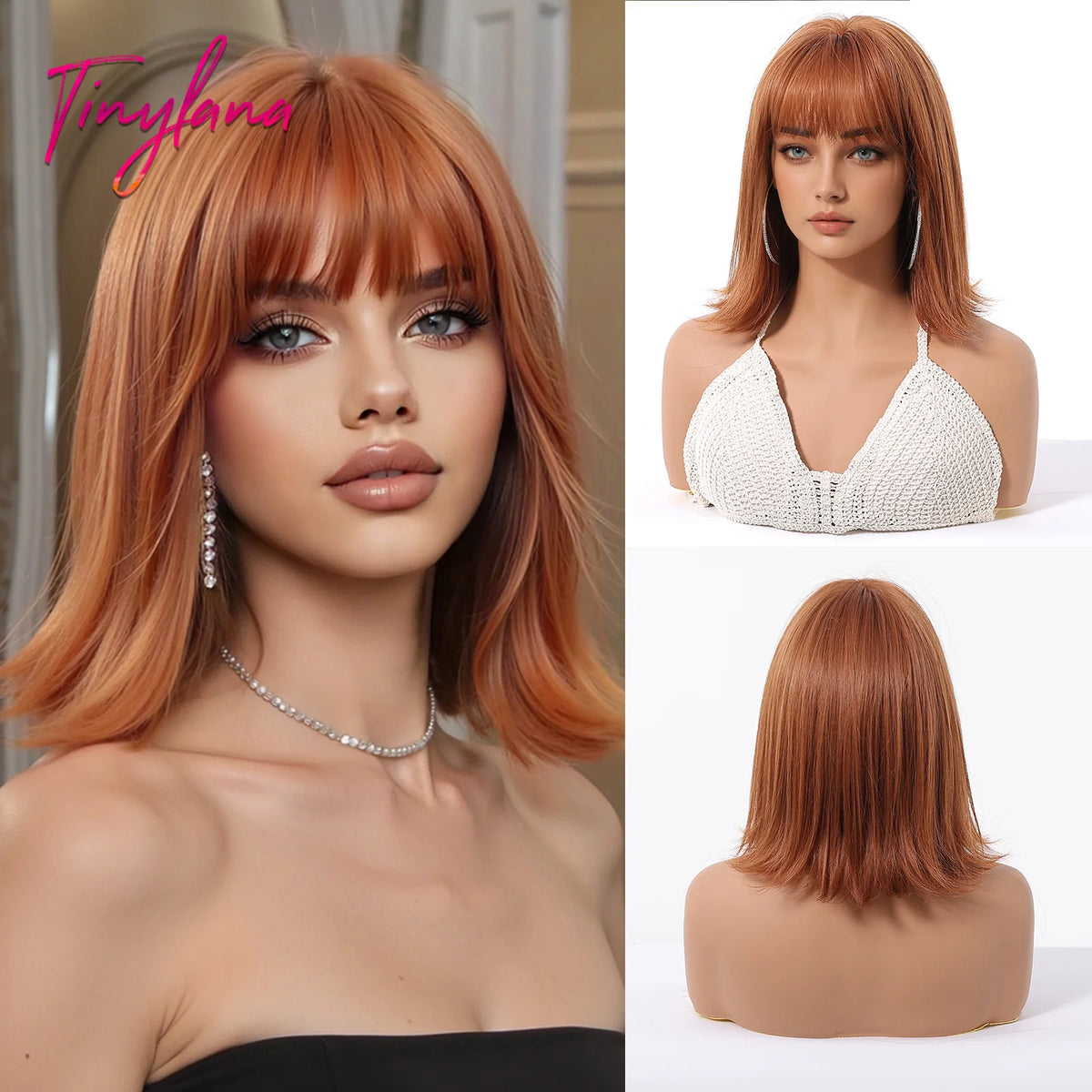 Short Light Pink Wave Synthetic Wigs with Bangs Rose Gold Lolita Natural Hair Wigs for Women Cosplay Daily Party Heat Resistant