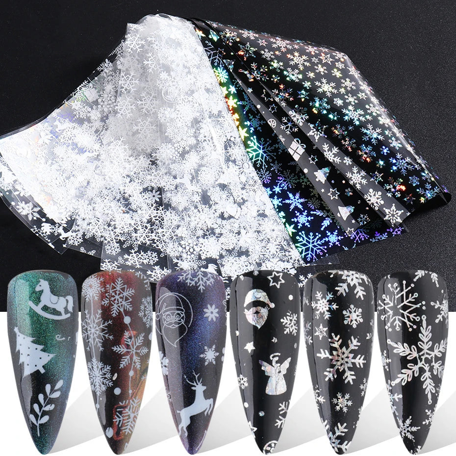 10Rolls Christmas Nail Transfer Foil Mixed Santa Snowman Elk Full Cover Nail Starry Paper For Holiday DIY Manicure Nail Stickers