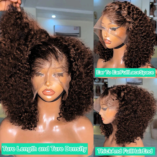 Chocolate Brown 200% Density Deep Curly 13x4 Lace Frontal Bob Wig Water Wavy Human Hair Wigs Pre Plucked Virgin Wet And Hair #4