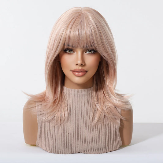 Short Light Pink Wave Synthetic Wigs with Bangs Rose Gold Lolita Natural Hair Wigs for Women Cosplay Daily Party Heat Resistant