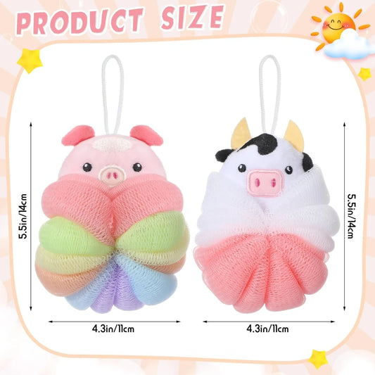 2 Pcs Bath Loofahs, Kids Toddler Cute Cartoon Bath Sponges, Loofah Bath Pouf, Body Scrubber Mesh Loofah Sponges (Animal)