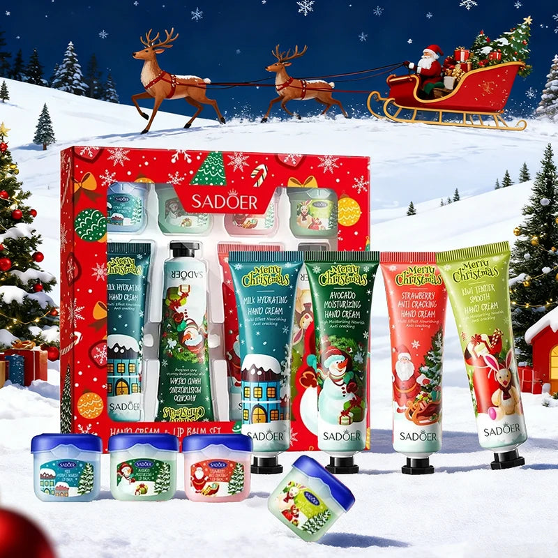 Christmas Hand Cream & Lip Balm Gift Set, Fruit Fragrance Hydrating Anti-Crack Hand Lip Care Kit, Moisturizing Christmas Present