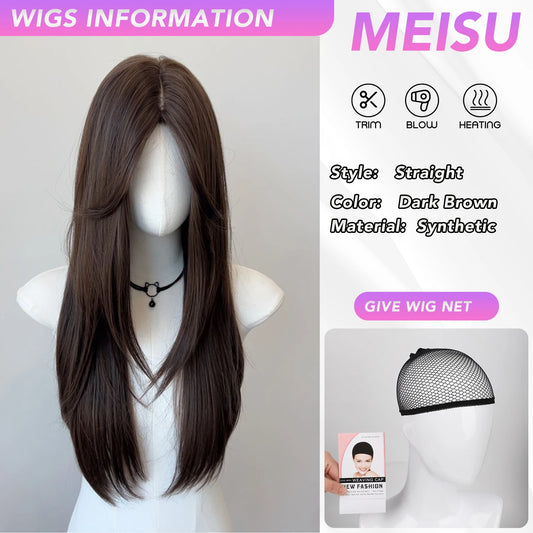 MEISU 24-26 Inch Dark Brown Straight Synthetic Wig Heat-Resistant Natural Smooth Hair Stylish Party Bangs Wigs For Women