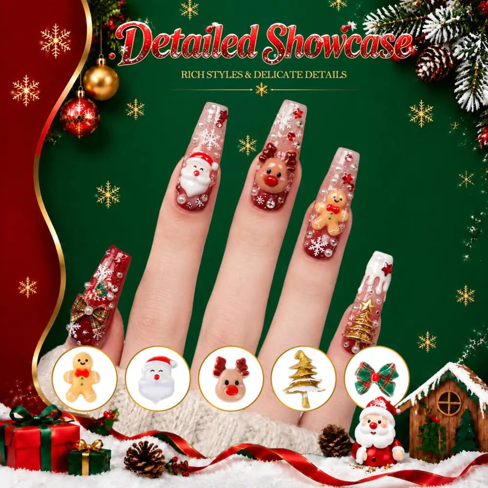 1Box Cartoon Creative Elk Santa Claus Gloves Bow Nail Art Decorations Cute Socks Bell Resin Nail Charms for DIY Christmas Nails