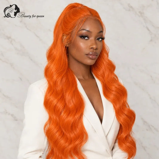 Tangerine Orange Body Wave Wig Long Bleached Knots Voluminous Luxe Glue And Go Bold Soft Brazilian Smooth Deep Parting Lustrous