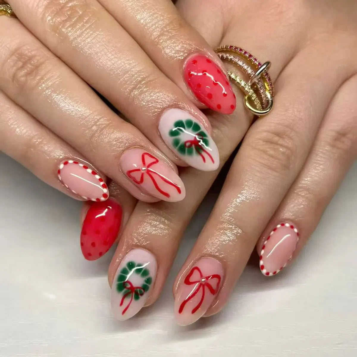 24PCS Christmas Red Almond Press on Nails Sweet 3D Gingerbread Man Xmas Tree Snowflake Design False Nails Wearable Acrylic Nails