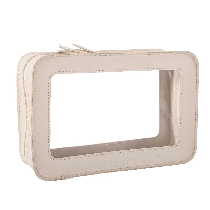 LUSQI Minimalist Transparent PVC Waterproof Cosmetic Leather Makeup Bag Travel Portable Toiletry Bag