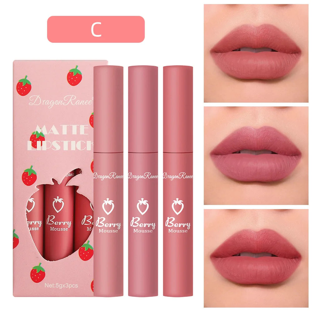 3 PCS Strawberry Velvet Matte Lip Gloss Set Non Stick Lipstick Cute Lip Makeup For Women Long Lasting Hydrating