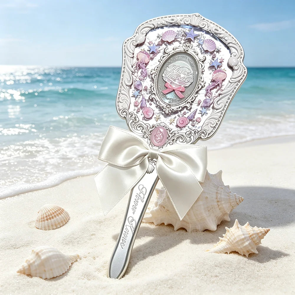 Flower Knows Shell Jewel Hand Mirror Ocean Style Makeup Mirror Portable Compact Beauty Mirror Aesthetic Princess Vanity Mirror