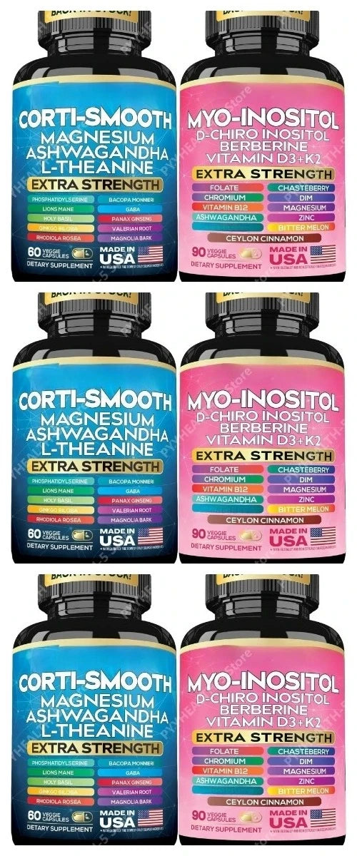 Cortisol & Myo-Inositol Supplement Bundle, Soothe & Smooth Bundle, 13-in-1 Cortisol Balance, Magnesium, Ashwagandha, L-Theanine
