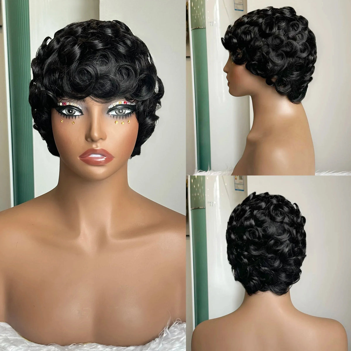 Premium 100% Brazilian Human Hair Wig,6 Inch Natural Black Layered Straight Pixie Bob Wig Full Machine Made Hairpiece