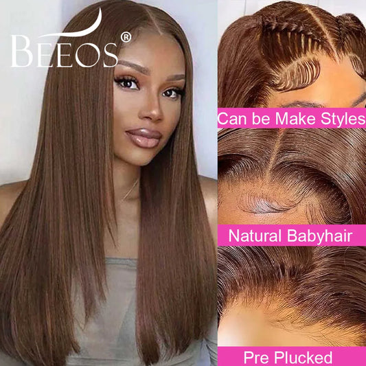 Layered Cut Bone Straight Chocolate Brown 13X6 HD Lace Full Frontal Wigs Human Hair Pre Plucked Colored Brazilian Hair For Women