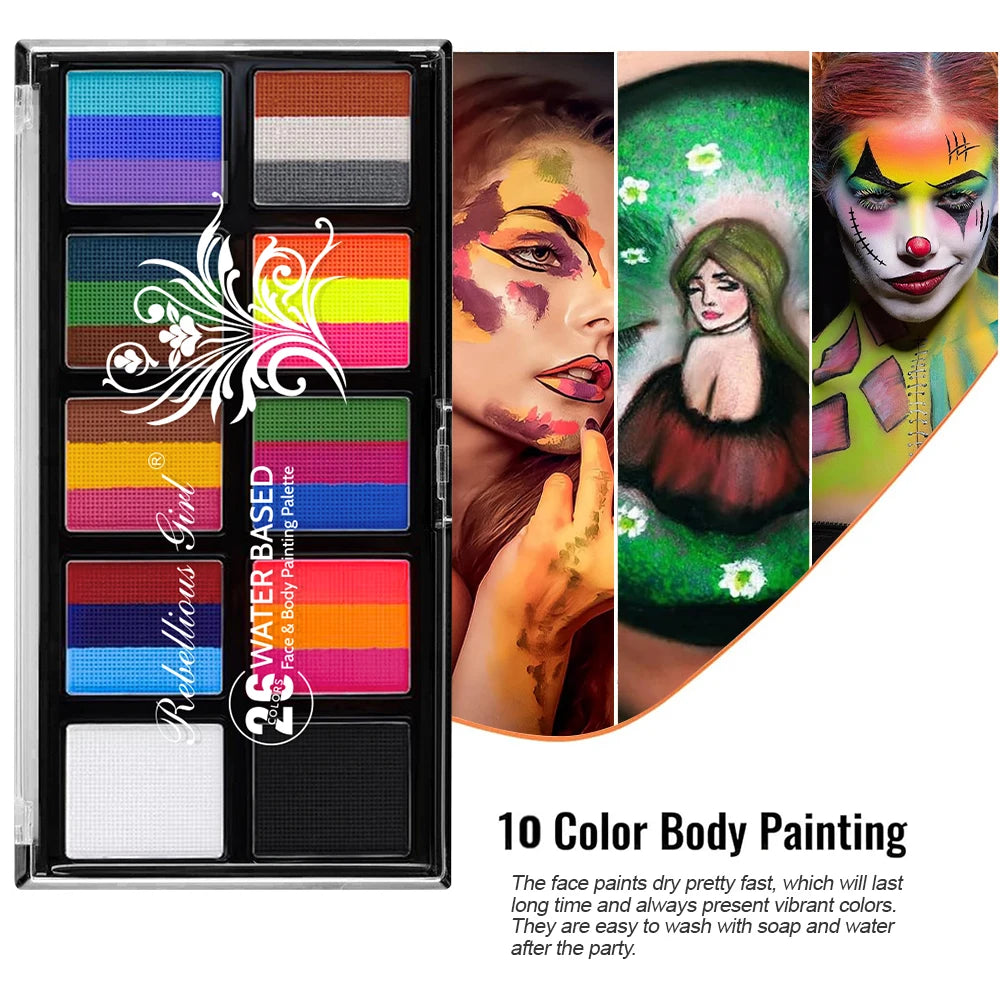 10 grids, 26 colors Rainbow face Art Painting Kit with 10pcs brush water-soluble Makeup Tattoo paint palette halloween Christmas